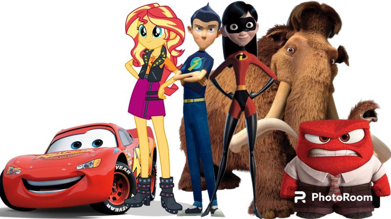 Size: 1280x720 | Tagged: safe, artist:cutler1228, derpibooru import, sunset shimmer, human, mammoth, equestria girls, 1000 years in photoshop, anger (inside out), angry, boots, car, cars (pixar), clothes, g4, high heel boots, ice age, image, inside out, lightning mcqueen, manny, meet the robinsons, png, shoes, simple background, the incredibles, transparent background, violet parr, wilbur robinson