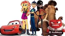 Size: 1280x720 | Tagged: safe, artist:cutler1228, derpibooru import, sunset shimmer, human, mammoth, equestria girls, 1000 years in photoshop, anger (inside out), angry, boots, car, cars (pixar), clothes, g4, high heel boots, ice age, image, inside out, lightning mcqueen, manny, meet the robinsons, png, shoes, simple background, the incredibles, transparent background, violet parr, wilbur robinson