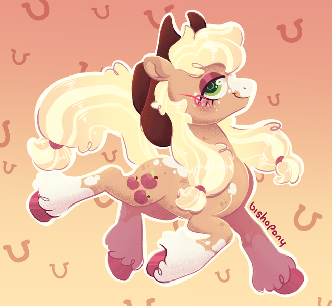 Size: 2236x2063 | Tagged: safe, artist:bishopony, derpibooru import, applejack, earth pony, pony, blush scribble, blushing, coat markings, female, gradient background, image, lidded eyes, looking at you, mare, png, smiling, smiling at you, socks (coat marking), solo, trotting