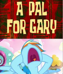 Size: 824x970 | Tagged: safe, edit, edited screencap, editor:undeadponysoldier, ponerpics import, ponybooru import, screencap, rainbow dash, pegasus, pony, a pal for gary, angry, criticism, explanation in the description, female, furious, image, mare, png, rant, spongebob squarepants, title card