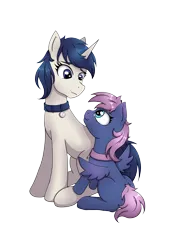 Size: 3508x4961 | Tagged: safe, artist:alicetriestodraw, derpibooru import, oc, oc:mysza, oc:upluck, unofficial characters only, pegasus, pony, unicorn, blank flank, collar, duo, duo female, female, filly, foal, image, looking at each other, looking at someone, mare, png, simple background