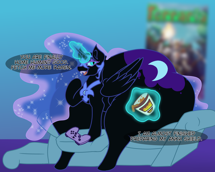 Size: 1500x1200 | Tagged: questionable, artist:woofpoods, derpibooru import, nightmare moon, alicorn, pony, background, blue background, broken furniture, butt, controller, couch, couch potato, crushing, demanding, demands, extra thicc, female, food, furniture, furniture abuse, gamer girl, huge butt, image, large butt, living room, magic, mare, noodles, offscreen character, png, pov, purple background, ramen, simple background, solo, speech bubble, terraria, text, the ass was fat, thick, wide hips, xbox, xbox one