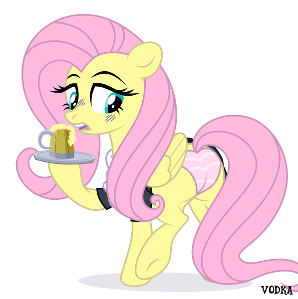 Size: 4500x4524 | Tagged: suggestive, artist:c1trine, artist:zakypo, derpibooru import, fluttershy, pegasus, pony, base used, blushing, butt, cider, cider mug, clothes, commission, dress, female, fluttermaid, image, maid, mare, mug, open mouth, panties, plot, png, raised hoof, raised leg, simple background, skirt, solo, solo female, striped panties, striped underwear, tray, underwear, upskirt, white background, ych result