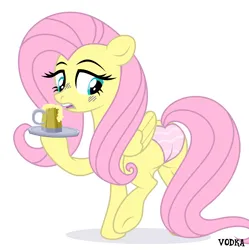 Size: 4500x4524 | Tagged: suggestive, alternate version, artist:c1trine, artist:zakypo, derpibooru import, fluttershy, pegasus, pony, base used, blushing, butt, cider, cider mug, clothes, commission, derpibooru exclusive, female, image, mare, mug, open mouth, panties, plot, png, raised hoof, raised leg, simple background, solo, solo female, striped panties, striped underwear, tray, underwear, white background, ych result