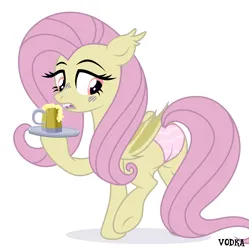 Size: 4500x4524 | Tagged: suggestive, alternate version, artist:c1trine, artist:zakypo, derpibooru import, fluttershy, bat pony, pony, base used, bat ponified, blushing, butt, cider, cider mug, clothes, commission, female, flutterbat, image, mare, mug, open mouth, panties, plot, png, race swap, raised hoof, raised leg, simple background, solo, solo female, striped panties, striped underwear, tray, underwear, white background, ych result