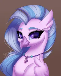 Size: 2000x2500 | Tagged: safe, artist:skyboundsiren, derpibooru import, silverstream, hippogriff, bust, canon, folded wings, g4, image, jewelry, looking at you, necklace, png, portrait, signature, solo, wings