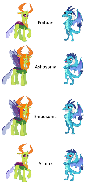 Size: 3068x6244 | Tagged: safe, derpibooru import, princess ember, thorax, changedling, changeling, dragon, dragoness, embrax, female, gay, half r63 shipping, image, king thorax, lesbian, male, mesosoma, png, prince ash, queen mesosoma, rule 63, ship:ashosoma, shipping, simple background, straight, white background