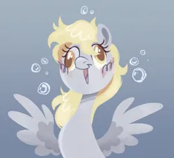 Size: 2012x1824 | Tagged: safe, artist:bishopony, derpibooru import, derpy hooves, pegasus, pony, blush scribble, blushing, bubble, bust, colored pupils, cute, derp, derpabetes, female, gradient background, happy, image, mare, open mouth, open smile, png, portrait, smiling, solo, spread wings, wings