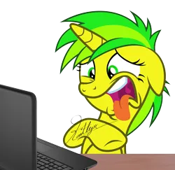 Size: 4000x3890 | Tagged: safe, artist:kaitykat117, derpibooru import, oc, oc:flower love(kaitykat), unicorn, base used, computer, cringing, disgusted, floppy ears, image, internet, laptop computer, open mouth, png, raised hoof, reaction, simple background, teeth, transparent background, uvula, vector