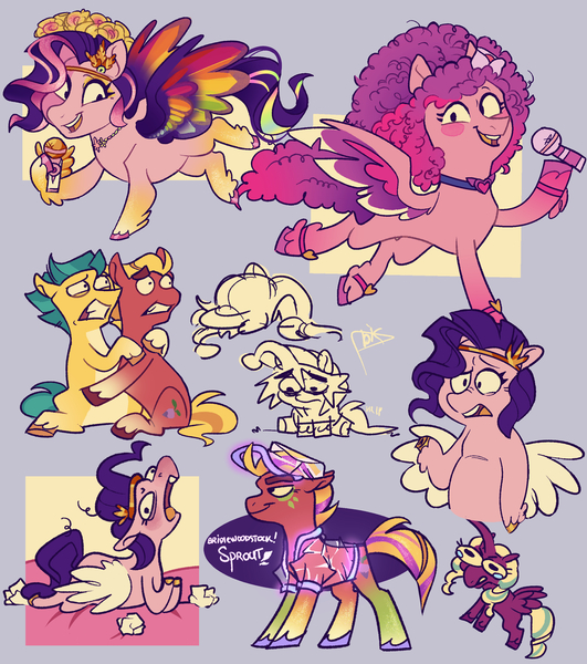 Size: 2300x2600 | Tagged: safe, artist:disaterror, derpibooru import, hitch trailblazer, pipp petals, sprout cloverleaf, alicorn, earth pony, pegasus, pony, g5, abstract background, bridlewoodstock, choker, clothes, female, floral head wreath, flower, hair accessory, hug, image, jewelry, jpeg, lying down, male, mare, microphone, necklace, opaline arcana, prone, ruby jubilee, stallion