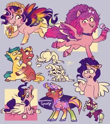 Size: 2300x2600 | Tagged: safe, artist:disaterror, derpibooru import, hitch trailblazer, pipp petals, sprout cloverleaf, alicorn, earth pony, pegasus, pony, g5, abstract background, bridlewoodstock, choker, clothes, female, floral head wreath, flower, hair accessory, hug, image, jewelry, jpeg, lying down, male, mare, microphone, necklace, opaline arcana, prone, ruby jubilee, stallion