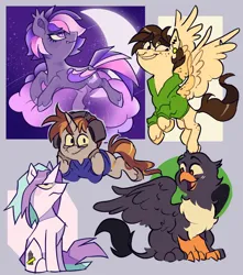 Size: 2300x2600 | Tagged: safe, artist:disaterror, derpibooru import, oc, unofficial characters only, bat pony, gryphon, pegasus, pony, unicorn, clothes, cloud, crescent moon, ear piercing, earring, female, flying, headphones, hoodie, image, jewelry, jpeg, lying down, male, mare, moon, night, nose piercing, nose ring, on a cloud, piercing, prone, sitting, stallion, stars