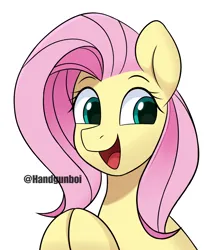 Size: 2700x3131 | Tagged: safe, artist:handgunboi, derpibooru import, fluttershy, pegasus, pony, bust, cute, hooves together, image, open mouth, open smile, png, shyabetes, signature, simple background, smiling, solo, white background
