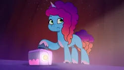 Size: 3072x1727 | Tagged: safe, derpibooru import, screencap, pony, unicorn, g5, my little pony: tell your tale, spoiler:g5, spoiler:my little pony: tell your tale, spoiler:tyts01e65, crystal brighthouse, female, frown, image, jpeg, mare, misty brightdawn, misty moves in, projector, rebirth misty, solo