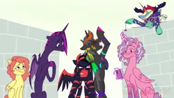 Size: 2560x1440 | Tagged: safe, artist:mythicalartist_, derpibooru import, oc, oc:crimson death, oc:gentle shy, oc:german pringles, oc:hallow tears, oc:nighttime lights, oc:princess praeludere, unofficial characters only, alicorn, bat pony, bat pony alicorn, pegasus, pony, spider, annoyed, antlers, bat pony oc, bat wings, blushing, cowboy hat, donut steel, female, glasses, glow, glowing horn, hat, horn, image, levitation, magic, male, mare, mobile phone, open mouth, phone, png, prank, red and black oc, round glasses, smartphone, smiling, stallion, telekinesis, wall, wings