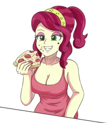 Size: 1968x2283 | Tagged: safe, artist:sumin6301, derpibooru import, cherry jubilee, human, equestria girls, breasts, busty cherry jubilee, cleavage, eating, equestria girls-ified, female, food, high res, image, jpeg, pizza, simple background, solo, white background