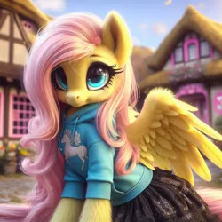 Size: 1024x1024 | Tagged: safe, machine learning generated, ponerpics import, ponybooru import, fluttershy, pegasus, pony, ai content, bing, clothed ponies, clothes, female, fluffy, hoodie, image, jpeg, mare, ponyville, skirt, solo