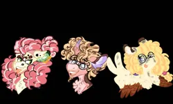 Size: 1000x605 | Tagged: safe, artist:articmadrigal, derpibooru import, li'l cheese, oc, oc:banana cream pie, oc:smart cookie, pony, the last problem, alternate design, black background, bust, female, glasses, image, jpeg, male, mare, offspring, parent:cheese sandwich, parent:pinkie pie, parents:cheesepie, peace sign, siblings, simple background, stallion, tongue out, trio, twitterina design, wing hands, wings