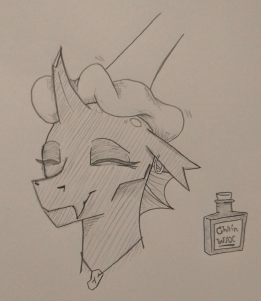 Size: 757x870 | Tagged: safe, artist:jargon scott, derpibooru import, oc, oc:whore bug, unofficial characters only, changeling, changeling oc, disembodied hoof, eyes closed, female, grayscale, image, monochrome, offscreen character, pencil drawing, png, polishing, rag, smiling, solo, traditional art, wax