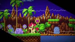 Size: 1920x1080 | Tagged: safe, derpibooru import, apple bloom, animated, apple bloom's bow, background, blue sky, bow, flower, game, green hill zone, hair bow, image, palm tree, pixel art, platform, remix, rock, song, sonic the hedgehog (series), spikes, sprite, tree, video, video game, video game crossover, webm