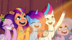 Size: 3072x1727 | Tagged: safe, derpibooru import, screencap, izzy moonbow, pipp petals, sunny starscout, zipp storm, earth pony, pegasus, pony, unicorn, g5, my little pony: tell your tale, spoiler:g5, spoiler:my little pony: tell your tale, spoiler:tyts01e65, crystal brighthouse, eyes closed, female, grin, image, jpeg, mare, misty brightdawn, misty moves in, open mouth, open smile, rebirth misty, royal sisters (g5), siblings, sisters, smiling, subtitles