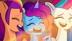 Size: 3072x1727 | Tagged: safe, derpibooru import, screencap, izzy moonbow, sunny starscout, zipp storm, earth pony, pegasus, pony, unicorn, g5, my little pony: tell your tale, spoiler:g5, spoiler:my little pony: tell your tale, spoiler:tyts01e65, crystal brighthouse, eyes closed, female, image, jpeg, mare, misty brightdawn, misty moves in, open mouth, open smile, rebirth misty, smiling, subtitles