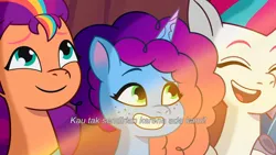 Size: 3072x1727 | Tagged: safe, derpibooru import, screencap, izzy moonbow, sunny starscout, zipp storm, earth pony, pegasus, pony, unicorn, g5, my little pony: tell your tale, spoiler:g5, spoiler:my little pony: tell your tale, spoiler:tyts01e65, crystal brighthouse, eyebrows, eyes closed, female, grin, image, jpeg, mare, misty brightdawn, misty moves in, open mouth, open smile, raised eyebrow, rebirth misty, smiling, starry eyes, subtitles, wingding eyes