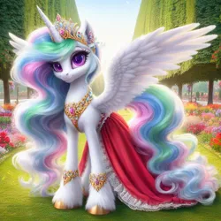Size: 1024x1024 | Tagged: safe, machine learning generated, ponerpics import, ponybooru import, princess celestia, alicorn, pony, ai content, beautiful, bing, clothes, cute, cutelestia, dress, female, hoof polish, image, jewelry, jpeg, looking at you, mare, regal, regalia, smiling, smiling at you, solo, spread wings, unshorn fetlocks, wings