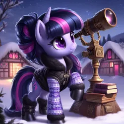 Size: 1024x1024 | Tagged: safe, machine learning generated, ponerpics import, ponybooru import, twilight sparkle, pony, unicorn, ai content, alternate cutie mark, alternate hairstyle, anatomically incorrect, bing, book, boots, clothed ponies, clothes, female, hoof boots, image, incorrect horn placement, jpeg, mare, night, ponyville, shoes, smiling, snow, solo, stargazing, telescope, unicorn twilight, winter, winter outfit