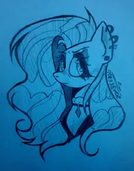 Size: 1440x1829 | Tagged: safe, artist:zombeedawgg, derpibooru import, fluttershy, pegasus, pony, bluescale, bust, female, fluttergoth, g4, image, jpeg, mare, monochrome, solo, traditional art
