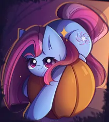 Size: 2650x2950 | Tagged: safe, artist:miryelis, derpibooru import, star swirl, earth pony, pony, big eyes, female, full body, image, long hair, mare, png, pumpkin, smiling, solo, sparkles