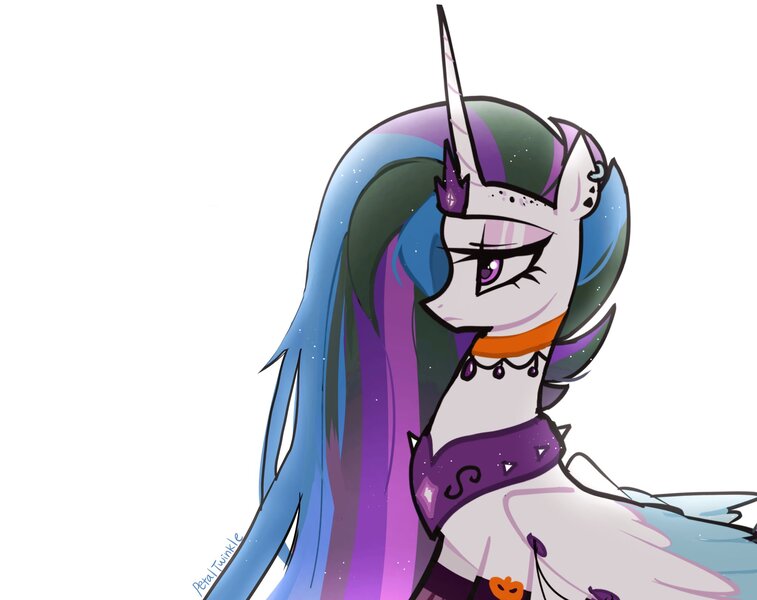 Size: 2048x1623 | Tagged: safe, artist:petaltwinkle, derpibooru import, princess celestia, alicorn, pony, bust, ear piercing, earring, female, image, jewelry, jpeg, lidded eyes, mare, peytral, piercing, profile, punklestia, solo, spiked peytral