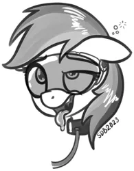 Size: 305x391 | Tagged: suggestive, artist:superderpybot, derpibooru import, rainbow dash, pegasus, pony, ahegao, brainwashed, brainwashing, collar, fetish, grayscale, hypnogear, hypnogoggles, hypnosis, image, leash, lowres, monochrome, open mouth, pet play, pet-dash, png, simple background, sketch, tongue out, white background