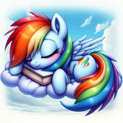 Size: 1024x1024 | Tagged: safe, derpibooru import, machine learning generated, rainbow dash, pegasus, pony, ai content, blushing, book, cloud, cute, dashabetes, eyes closed, female, g4, generator:dall-e 3, image, lying down, mare, on a cloud, png, prompter:tyto4tme4l, sky, sleeping, sleeping on a cloud, sleepydash, solo, tail, wings, wrong cutie mark