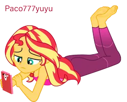 Size: 1342x1081 | Tagged: safe, artist:paco777yuyu, derpibooru import, sunset shimmer, equestria girls, barefoot, feet, feet up, female, foot focus, gymnastics, image, lying down, phone, png, simple background, soles, solo, solo female, sunset, the pose