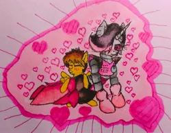 Size: 3165x2451 | Tagged: safe, artist:mettaton, derpibooru import, pegasus, pony, robot, robot pony, unicorn, blush sticker, blushing, blushing profusely, breasts, clothes, curvy, cute, duo, duo male and female, ear fluff, female, foal, fringe, frisk, gloves, heart, high heels, hug, image, jpeg, lidded eyes, male, marker drawing, mettaton, mettaton ex, pink background, sexy, shoes, simple background, socks, spread wings, stockings, thigh highs, traditional art, undertale, unshorn fetlocks, wings