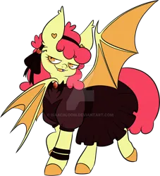 Size: 1024x1129 | Tagged: safe, artist:isaacbloom, derpibooru import, apple bloom, bat pony, pony, vampire, bat ponified, bloombat, clothes, deviantart watermark, dress, eyeliner, fangs, female, filly, foal, image, makeup, obtrusive watermark, png, race swap, simple background, solo, transparent background, watermark