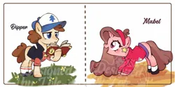 Size: 1600x800 | Tagged: safe, artist:lole, derpibooru import, ponified, earth pony, pony, unicorn, book, clothes, dipper pines, female, filly, foal, gravity falls, hat, headband, image, jpeg, mabel pines, siblings, text, twins, watermark
