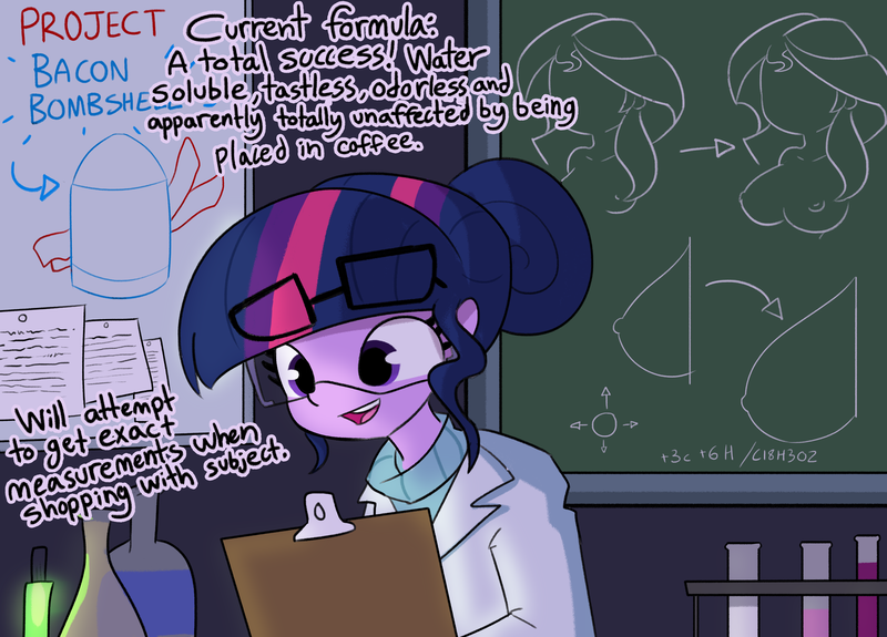Size: 7762x5578 | Tagged: questionable, artist:tjpones, derpibooru import, sci-twi, twilight sparkle, human, equestria girls, absurd resolution, beaker, big breasts, breasts, chalkboard, chemistry, clipboard, clothes, commission, dialogue, female, for science, glasses, glasses on head, goggles, image, implied breast expansion, implied sunset shimmer, nipples, nudity, png, project bacon bombshell, safety goggles, sexual experiment, solo, solo female, sweater, this ended in science, turtleneck, whiteboard