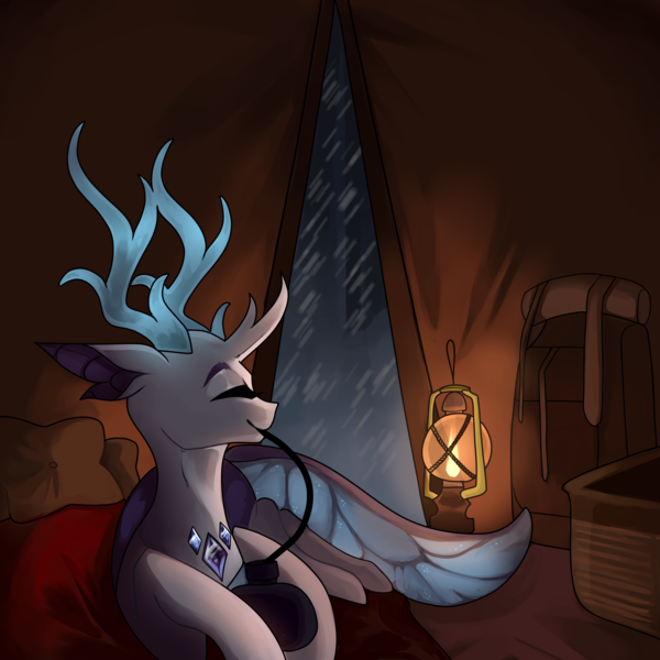 Size: 5000x5000 | Tagged: safe, artist:minty--fresh, derpibooru import, oc, oc:arculus, changeling, backpack, blanket, changeling oc, horns, image, lantern, pillow, png, proboscis, snow, solo, tent