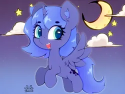 Size: 4000x3000 | Tagged: safe, artist:zokkili, derpibooru import, princess luna, alicorn, pony, beanbrows, cloud, crescent moon, cute, ear fluff, eyebrows, eyebrows visible through hair, female, filly, g4, gradient background, high res, horn, image, jpeg, looking at you, lunabetes, moon, open mouth, open smile, signature, smiling, smiling at you, solo, spread wings, stars, wings, woona, younger