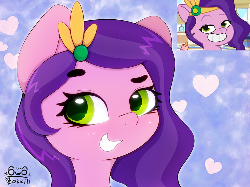 Size: 4000x3000 | Tagged: safe, artist:zokkili, derpibooru import, pipp petals, pegasus, pony, g5, my little pony: tell your tale, bust, eyebrows, eyebrows visible through hair, female, grin, heart, high res, image, jpeg, looking at you, mare, portrait, scene interpretation, screencap reference, signature, smiling, smiling at you, solo