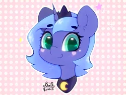 Size: 4000x3000 | Tagged: safe, artist:zokkili, derpibooru import, princess luna, alicorn, pony, abstract background, bust, cute, ear fluff, eyebrows, eyebrows visible through hair, female, g4, heart, high res, horn, image, jpeg, looking at you, lunabetes, portrait, s1 luna, signature, smiling, smiling at you, solo, sparkles, starry eyes, wingding eyes
