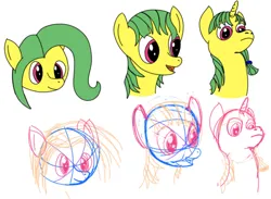 Size: 1674x1228 | Tagged: safe, artist:ramdom_player201, derpibooru import, oc, unofficial characters only, bust, green mane, image, jpeg, magenta eyes, multiple heads, practice drawing, yellow fur