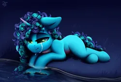Size: 4000x2700 | Tagged: safe, artist:rainbowfire, derpibooru import, pony, unicorn, g5, spoiler:g5, crying, crying inside, curls, cute, female, green eyes, horn, image, lake, mare, misty brightdawn, png, sad, sadorable, solo, stars, tears of pain, water