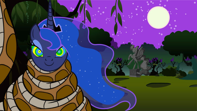 Size: 1024x579 | Tagged: safe, artist:a-new-recipeh, derpibooru import, edit, edited screencap, screencap, nightmare moon, princess luna, alicorn, pony, snake, luna eclipsed, coils, female, hypno eyes, hypnosis, hypnotized, image, jpeg, kaa, kaa eyes, mare, moon, night, smiling, starry night, wrapped snugly, wrapped up