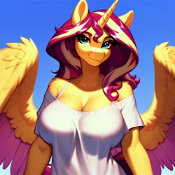 Size: 3072x3072 | Tagged: suggestive, derpibooru import, machine learning generated, sunset shimmer, alicorn, anthro, ai content, alicornified, big breasts, bra, breasts, cleavage, clothes, g4, image, jpeg, loose fitting clothes, race swap, shimmercorn, solo, underwear