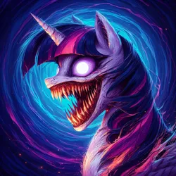 Size: 2048x2048 | Tagged: semi-grimdark, ai content, derpibooru import, machine learning generated, prompter:krivovyaz, twilight sparkle, alicorn, pony, g4, creepy, generator:bing image creator, high res, image, metal as fuck, nightmare fuel, png, sharp teeth, solo, teeth, white eyes