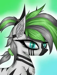 Size: 1500x2000 | Tagged: safe, artist:kirov, derpibooru import, oc, oc:vaertri, unofficial characters only, zebra, bust, digital art, gradient background, image, png, portrait, simple background, solo, two toned mane, zebra oc