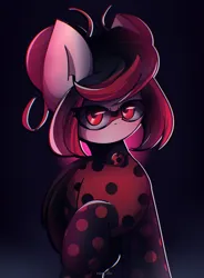 Size: 2100x2850 | Tagged: safe, artist:miryelis, derpibooru import, ponified, earth pony, pony, clothes, costume, crossover, dark background, dots, female, image, ladybug (miraculous ladybug), mare, miraculous ladybug, png, red eyes, short hair, solo, standing